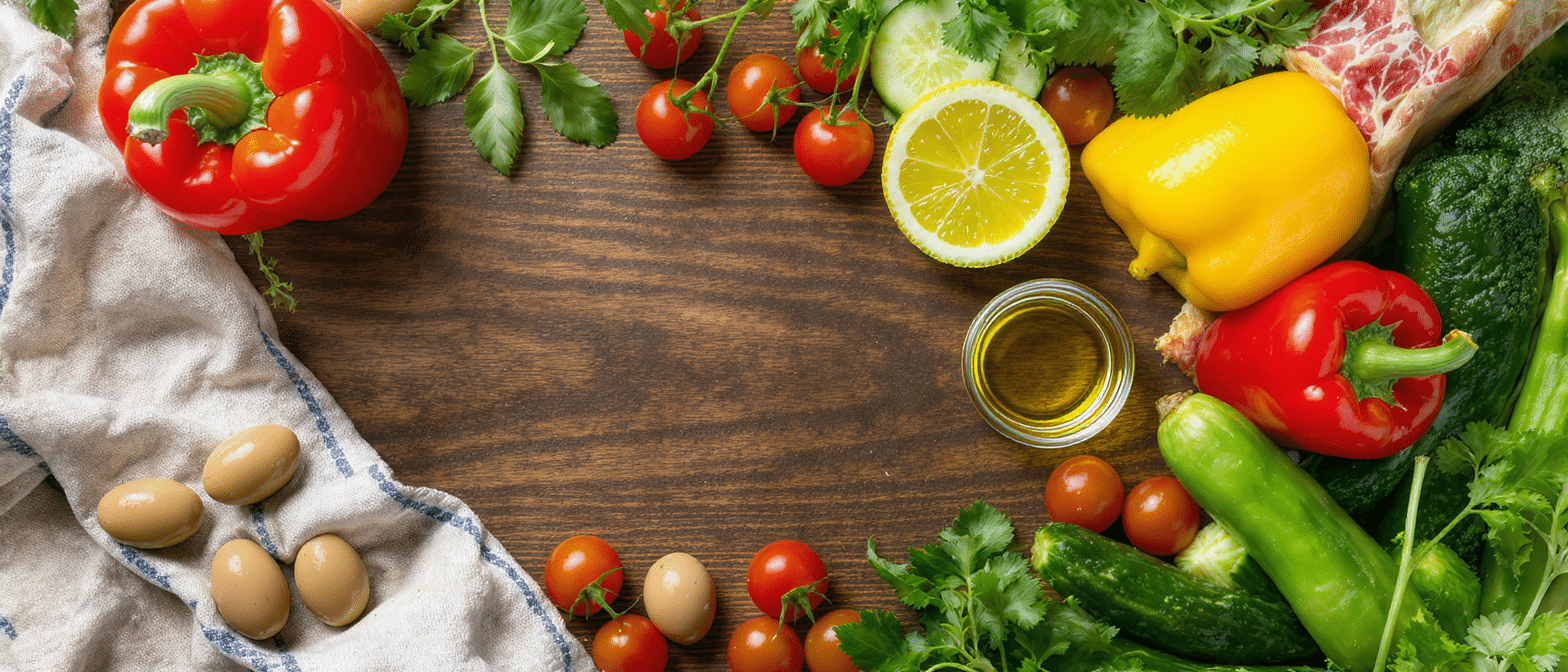 Assortiment coloré d’aliments méditerranéens riches en fibres et antioxydants sur une table en bois.