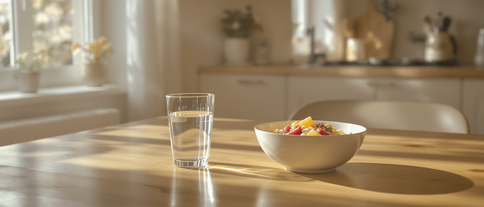Bol de fruits frais et verre d’eau sur une table en bois, baignés par la lumière du matin.