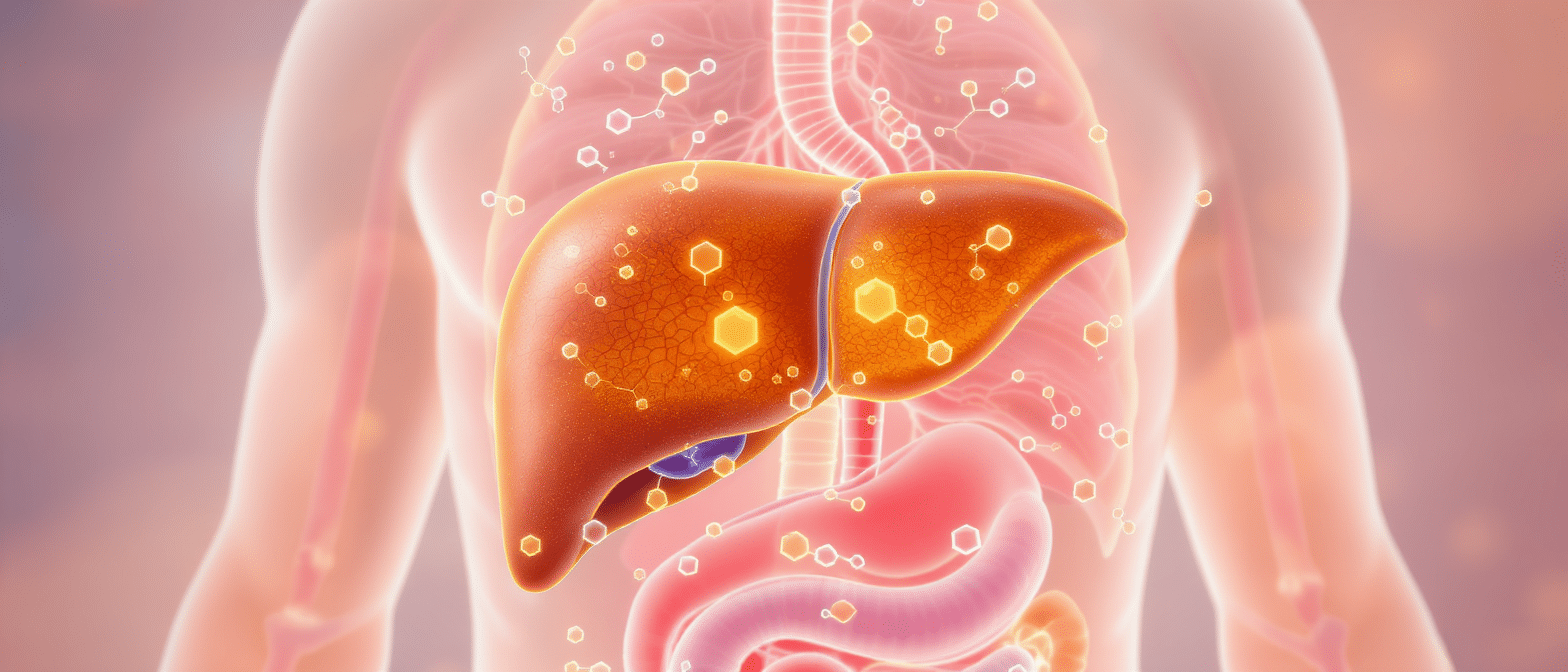 Illustration anatomique du foie humain montrant les processus métaboliques associés au syndrome de Gilbert