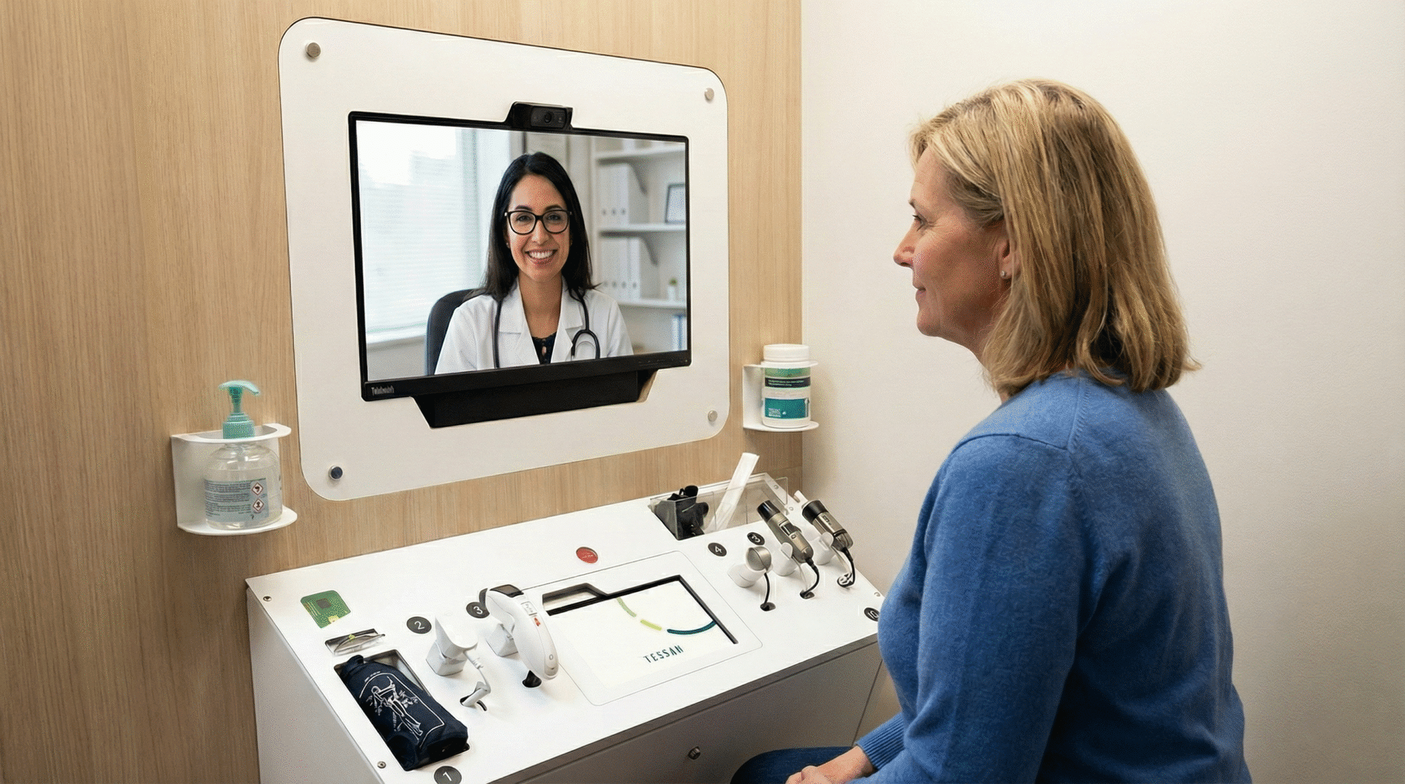 tessan-teleconsultation-patient-medecin Patiente utilisant une cabine Tessan et échangeant en visioconsultation avec une médecin sur un écran.