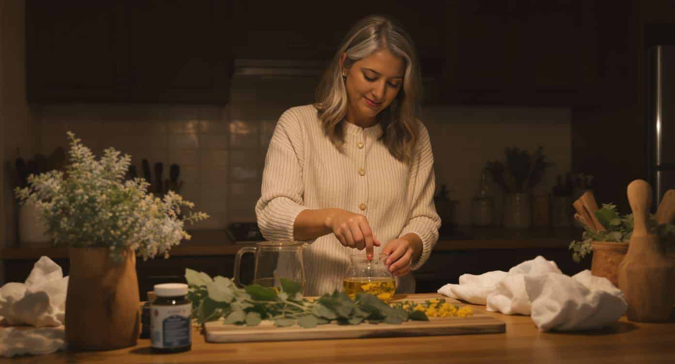 Femme préparant une infusion apaisante dans une cuisine chaleureuse.