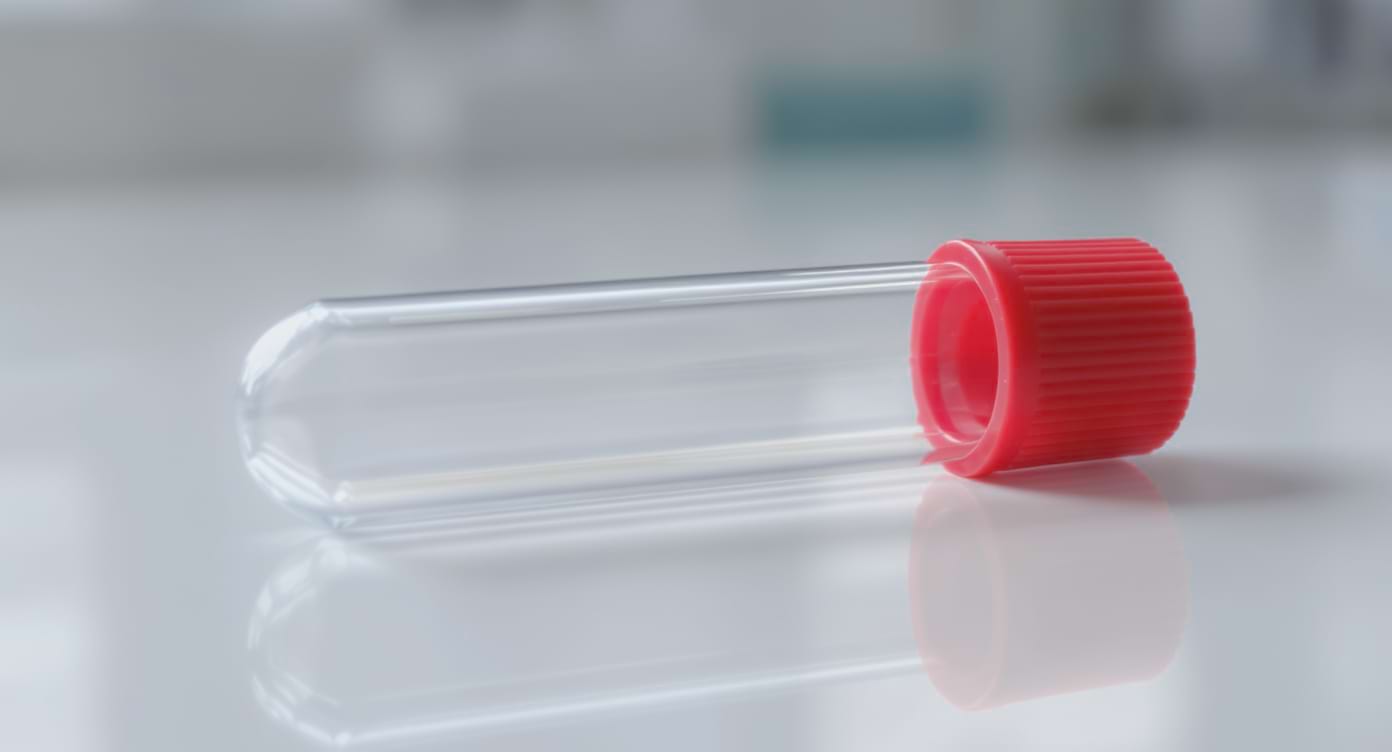 Tube de prélèvement sanguin sans étiquette, utilisé pour les analyses de bilirubine.
