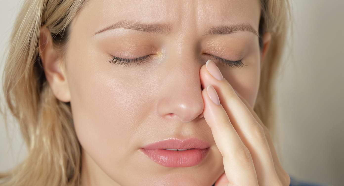 Femme touchant sa narine avec une légère rougeur, symbole d’irritation nasale