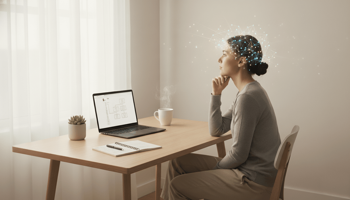 visualisation-cerveau-connexion-apprentissage Femme assise à un bureau regardant un ordinateur portable, avec une visualisation lumineuse représentant des connexions neuronales autour de sa tête.
