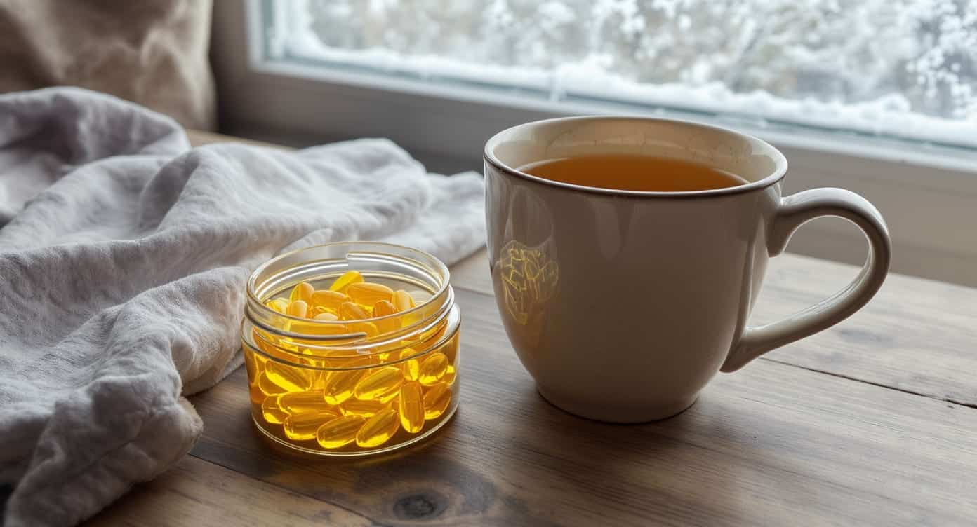 Capsules de vitamine D posées sur une table en bois avec une tasse de thé, ambiance hivernale.