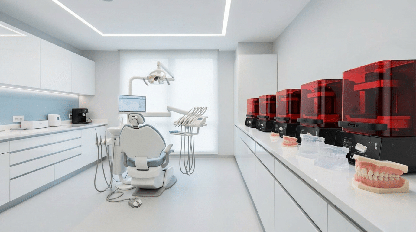 cabinet-dentaire-impression-3d-sprintray-flux-numerique Cabinet dentaire moderne équipé de plusieurs imprimantes 3D SprintRay Pro 2 avec modèles dentaires imprimés en résine.