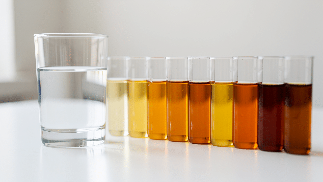 couleur-urine-supplementation-indicateur-sante. Palette de couleurs d’urine allant du jaune clair au jaune foncé illustrant l’impact de l’hydratation et des compléments alimentaires.