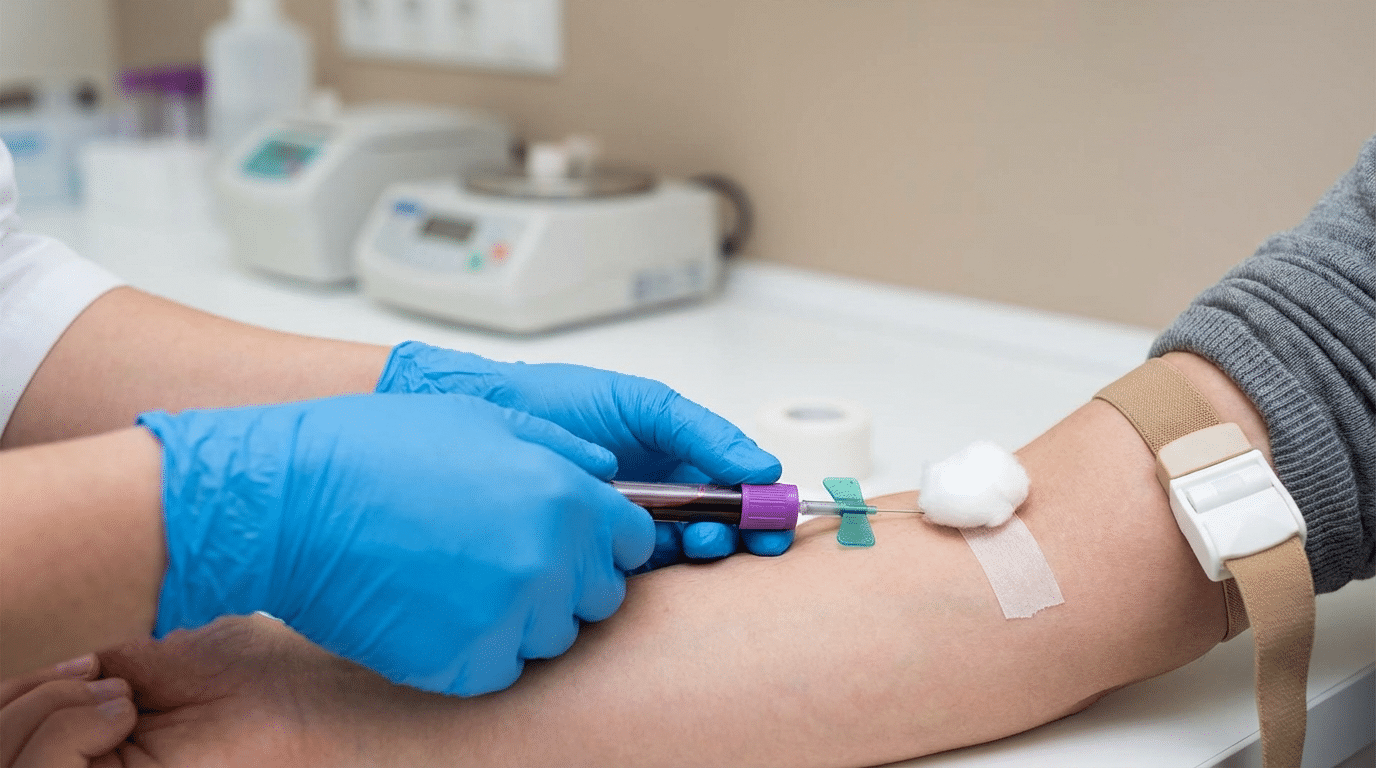 Prélèvement sanguin au bras réalisé par un professionnel de santé avec un tube de prélèvement.