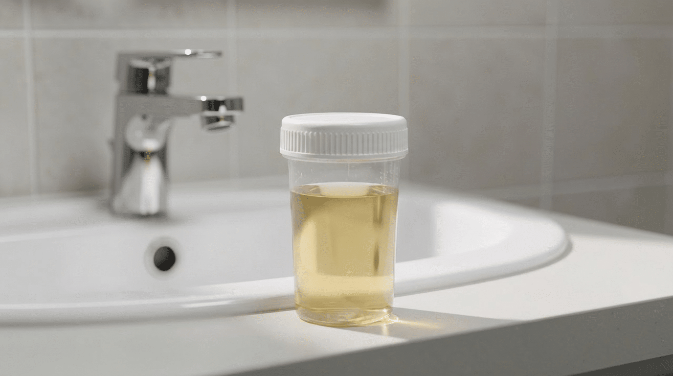 urine-foncee-quand-consulter-medecin. Flacon d’analyse d’urine évoquant un contrôle médical