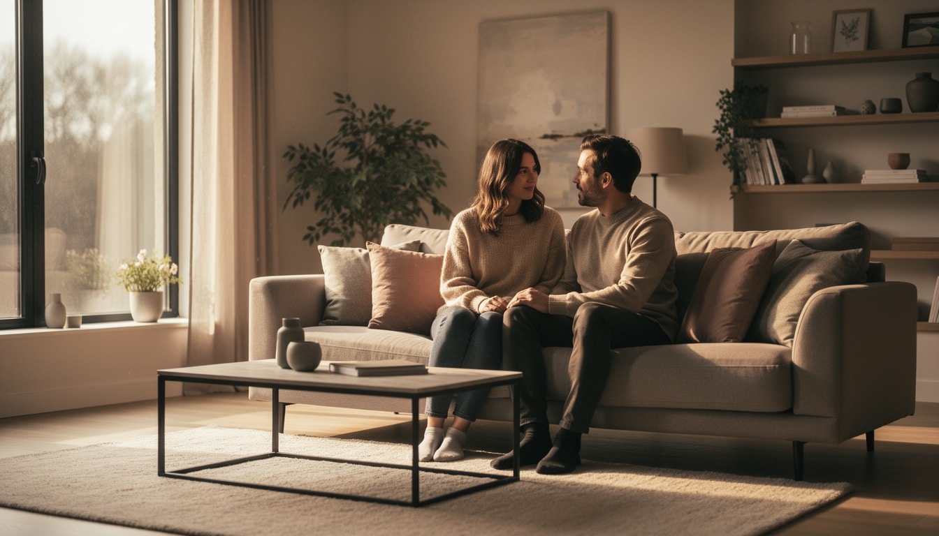 communication-bienveillante-couple-soutien-emotionnel Un couple assis côte à côte sur un canapé, se tenant les mains et échangeant un regard attentif, dans une ambiance calme et chaleureuse.