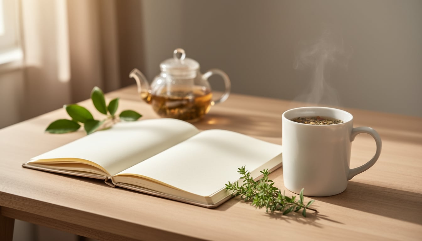 moment-calme-the-herbal-journal-bien-etre. Carnet ouvert posé sur une table en bois, accompagné d’une tasse de tisane fumante et de plantes, dans une ambiance calme et apaisante.