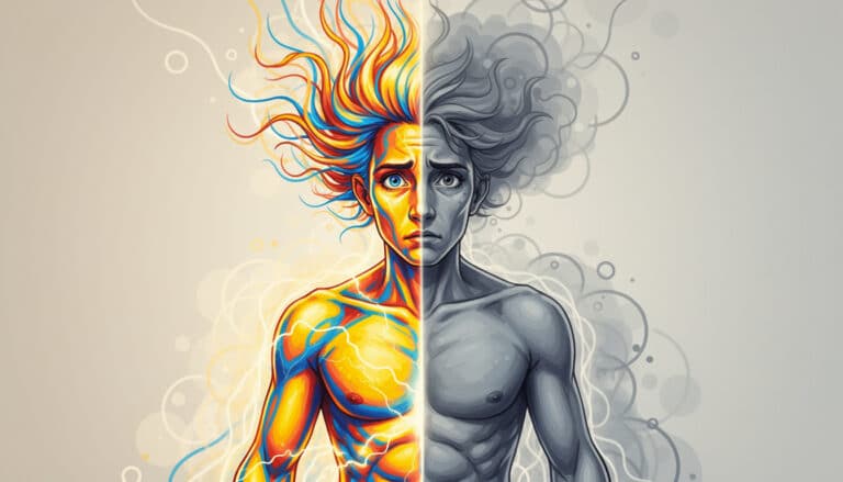 Illustration d’un visage humain scindé en deux, une moitié colorée et lumineuse, l’autre grise et sombre, symbolisant les fluctuations émotionnelles du trouble bipolaire.
