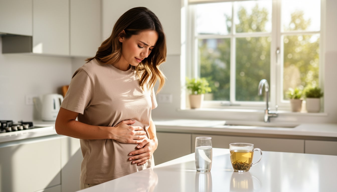 femme-ventre-gonfle-douleurs-digestion-cuisine Femme tenant son ventre douloureux dans une cuisine, avec un verre d’eau et une tisane posés sur le plan de travail.
