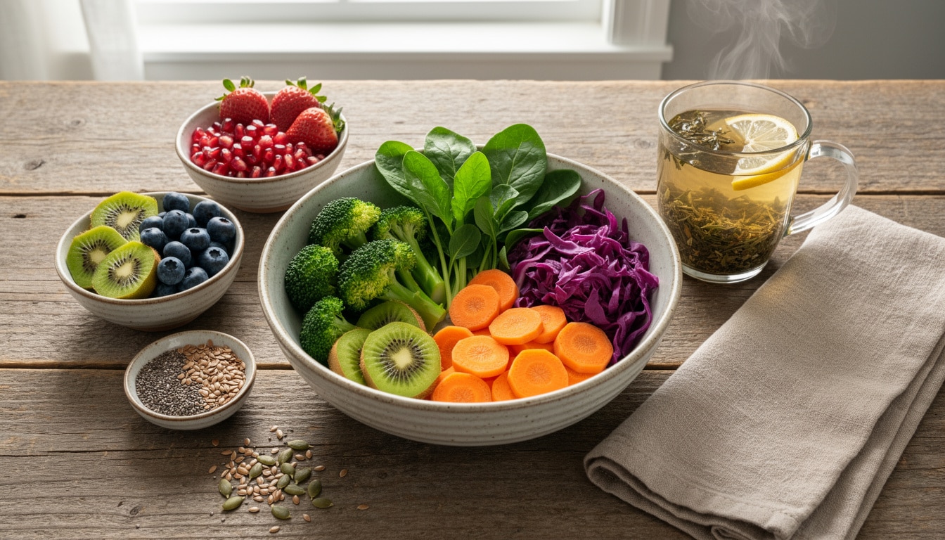 bol-aliments-riches-en-fibres-fruits-legumes-tisane Bol rempli de légumes et fruits riches en fibres, accompagné de graines et d’une tisane chaude au citron.