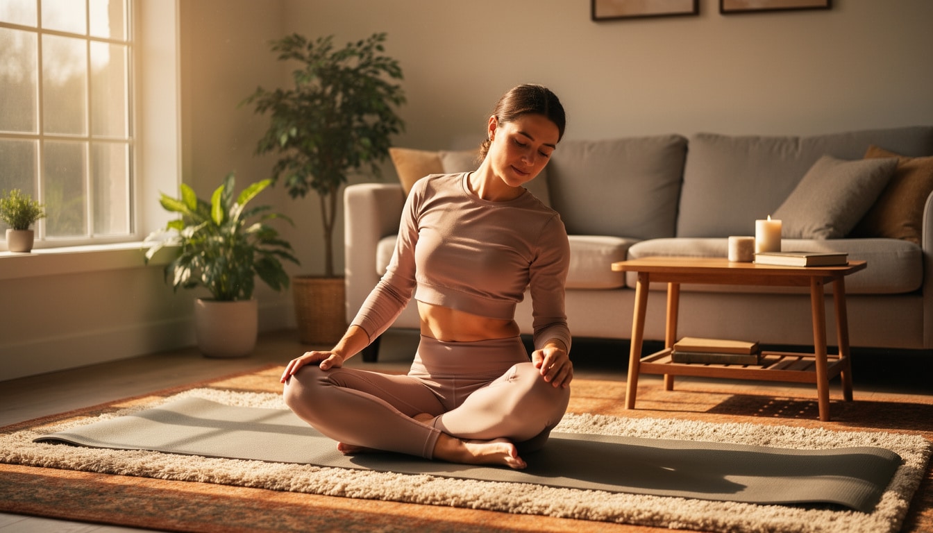 yoga-digestif-posture-relaxation-ventre-gonfle Femme assise en posture de yoga dans un salon lumineux, pratiquant un exercice de détente.