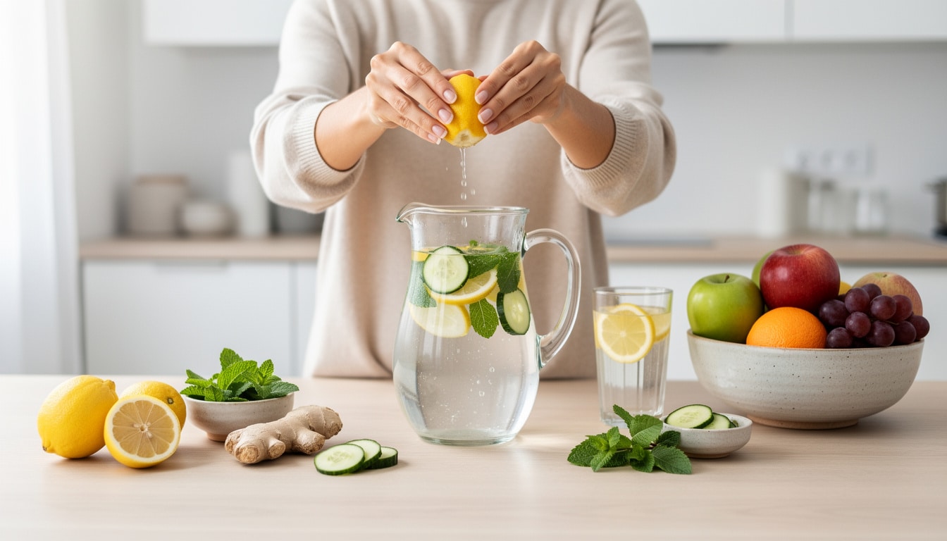 Personne pressant un citron dans une carafe d'eau détox avec citron, concombre et menthe sur un plan de travail de cuisine.