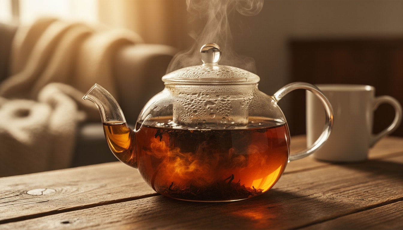 the-noir-infusion-longue-tanins. Thé noir fortement infusé dans une théière en verre, avec feuilles visibles et vapeur chaude, sur une table en bois.
