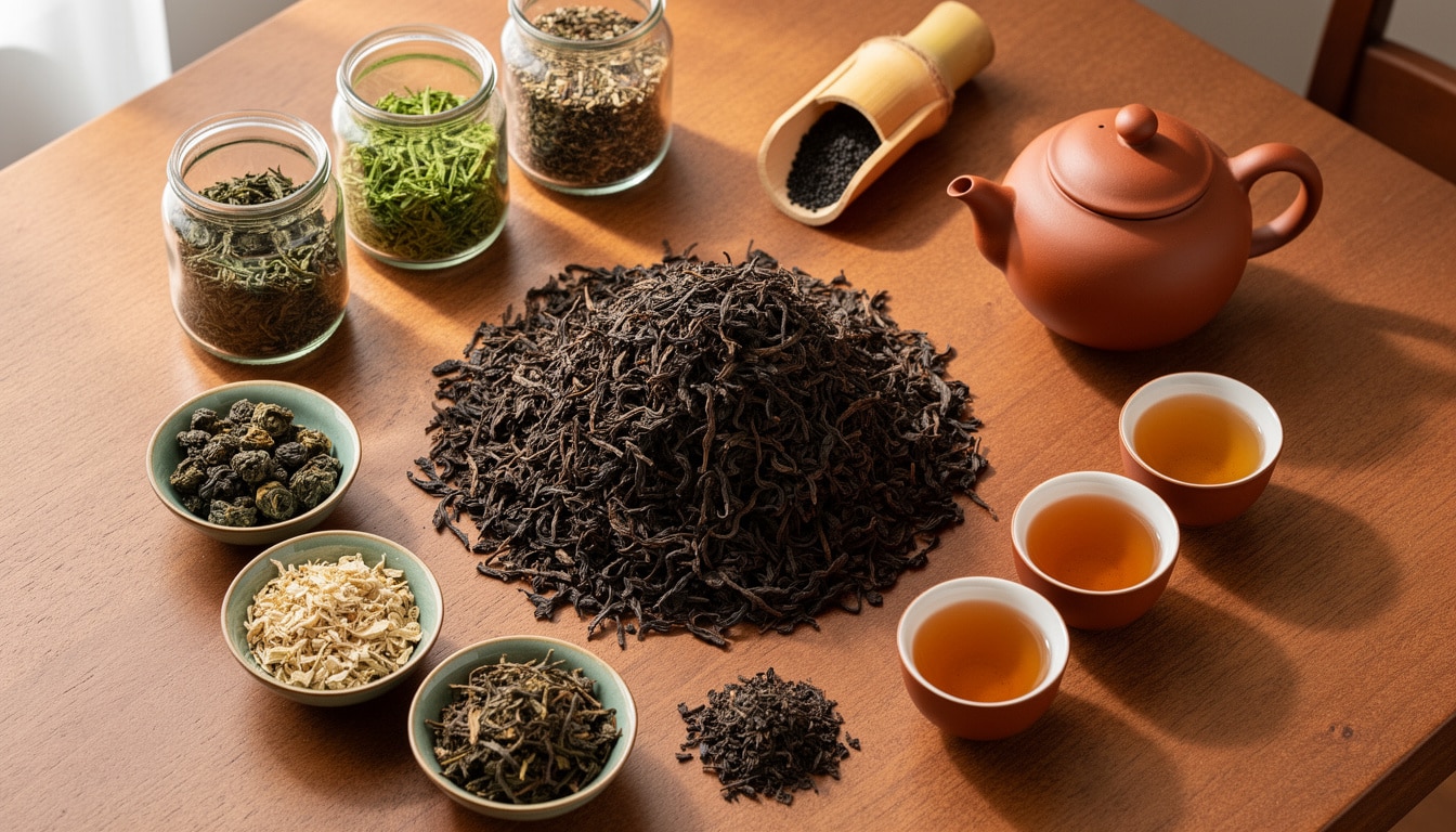 pu-erh-thes-forts-infusion-digestion Feuilles de thé Pu-erh et différents thés disposés sur une table, avec théière en terre et tasses de dégustation.