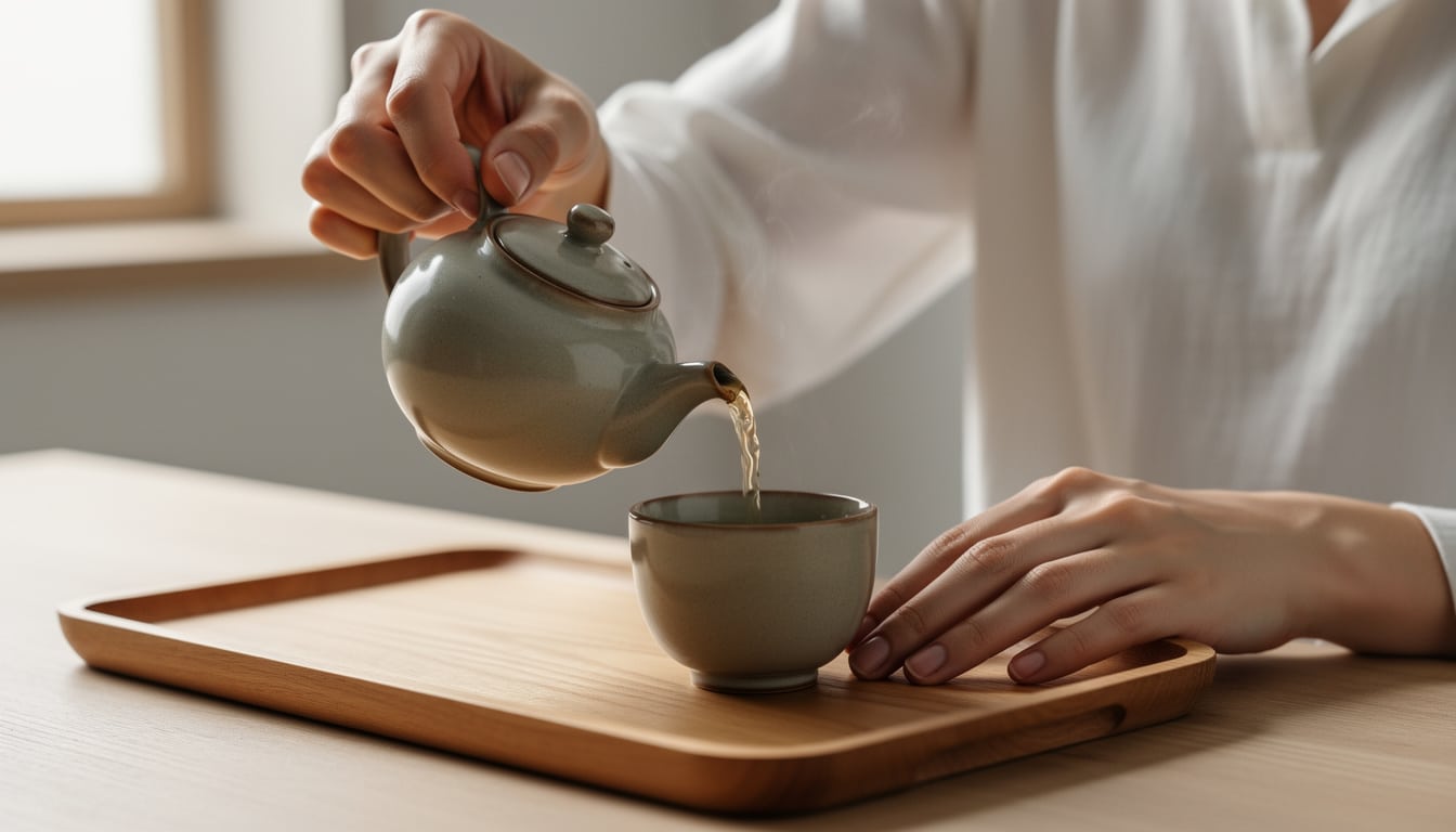 infusion-courte-the-digestion-gongfu. Versement d’un thé infusé brièvement depuis une petite théière en céramique dans une tasse, sur un plateau en bois.