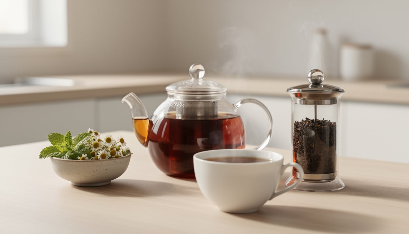 Thé noir infusé dans une théière en verre avec presse, accompagné de plantes digestives sur une table de cuisine lumineuse.