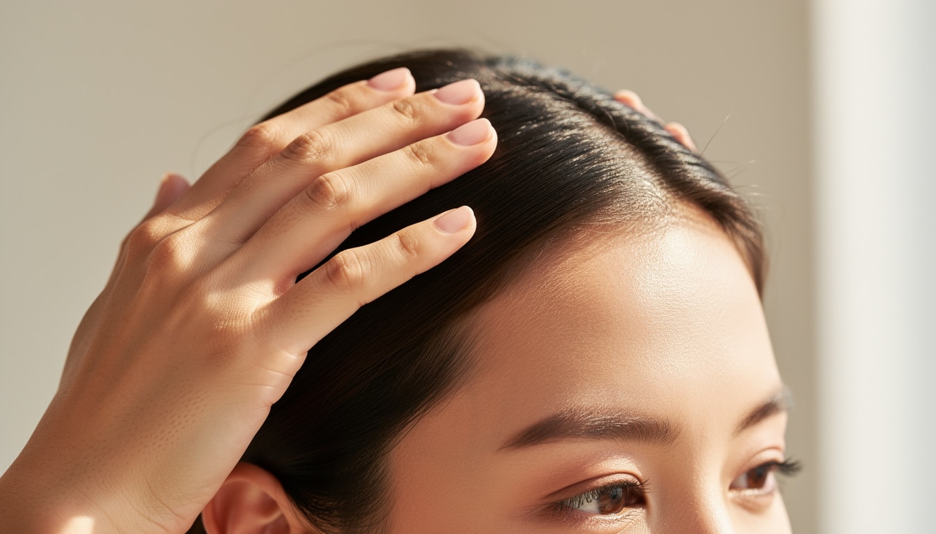 massage-cuir-chevelu-mains-femme. Gros plan sur une femme posant ses mains sur son cuir chevelu pour masser ou vérifier une zone sensible.