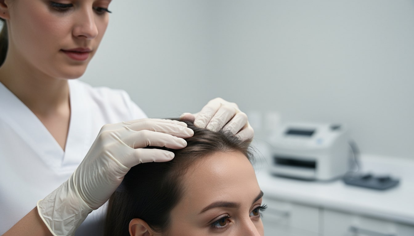 examen-cuir-chevelu-dermatologue. Dermatologue examinant le cuir chevelu d’une patiente en écartant les cheveux avec des gants médicaux.