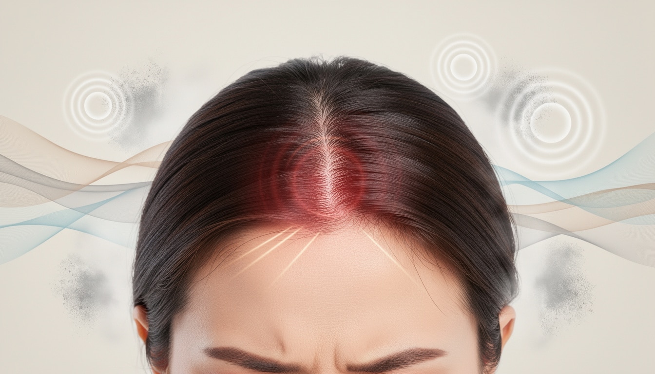 Illustration d’un cuir chevelu irrité avec une zone rouge centrale symbolisant des fourmillements ou picotements.