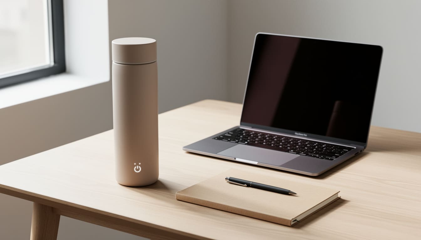 Gourde connectée minimaliste posée sur un bureau de télétravail à côté d’un ordinateur portable