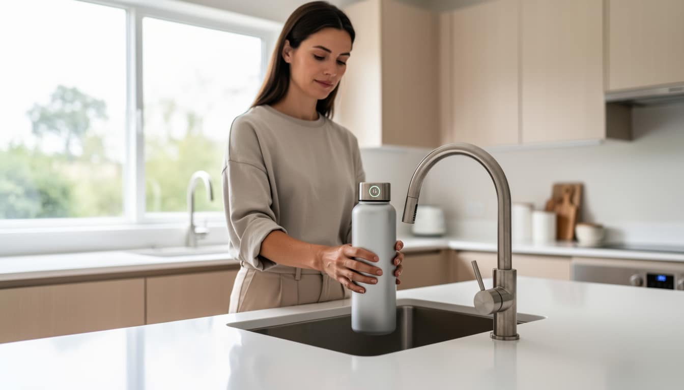 Femme remplissant une gourde connectée au robinet dans une cuisine moderne