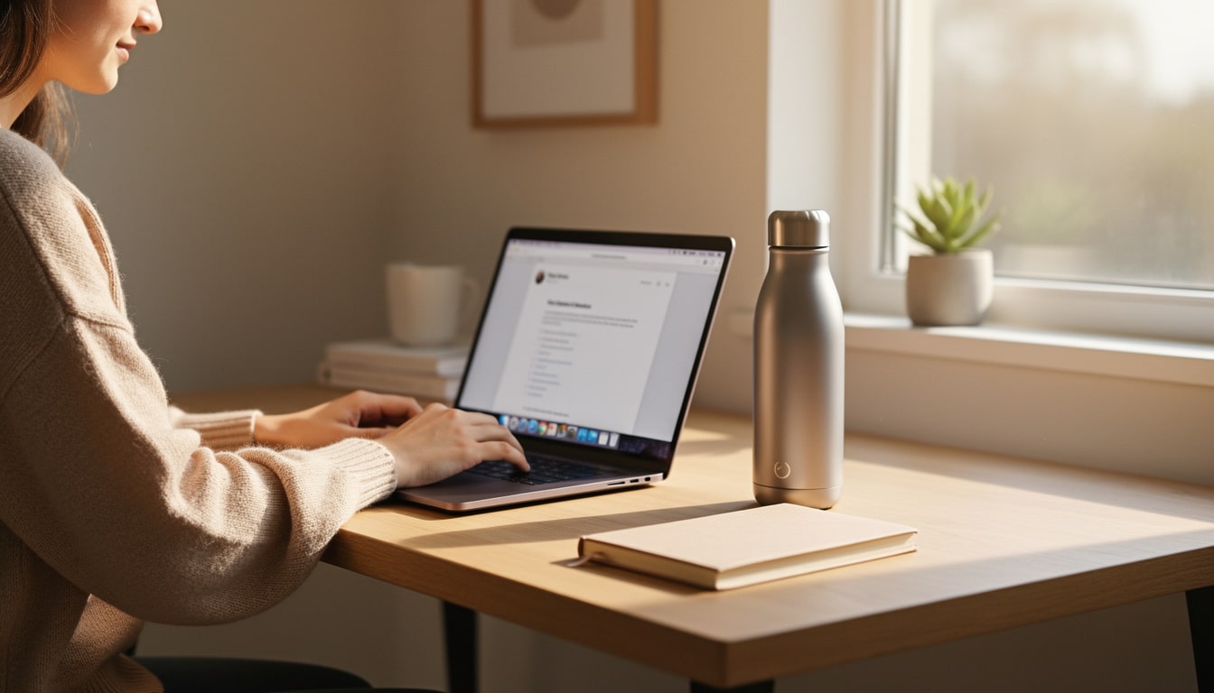 Gourde connectée posée sur un bureau de télétravail près d’un ordinateur portable et d’une fenêtre