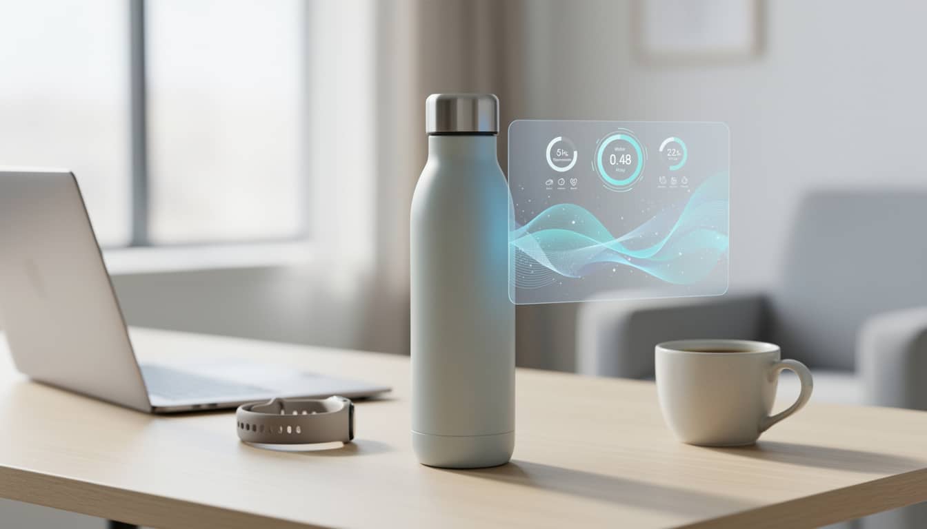 Gourde connectée affichant des données d’hydratation sur un bureau de travail moderne