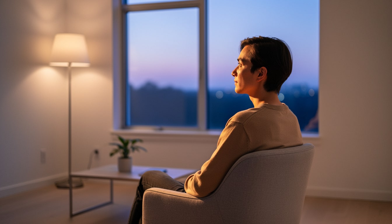 habituation-acouphenes-silence-soir Personne assise calmement dans un fauteuil face à une fenêtre au crépuscule, ambiance silencieuse et apaisée évoquant l’habituation aux acouphènes.