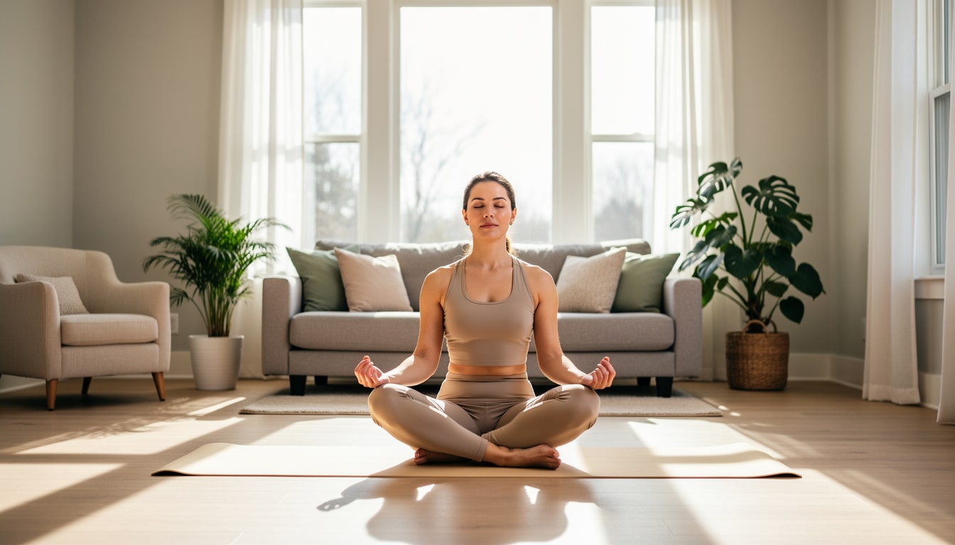 meditation-pleine-conscience-acouphenes. Femme assise en position de méditation dans un salon lumineux, yeux fermés, posture calme favorisant l’apaisement mental et la gestion des acouphènes.