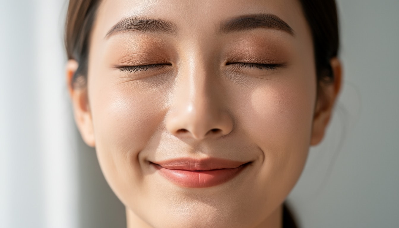 visage-detendu-relaxation-acouphenes. Gros plan sur le visage d’une femme aux yeux fermés, expression paisible, illustrant la détente profonde et l’apaisement face aux acouphènes.