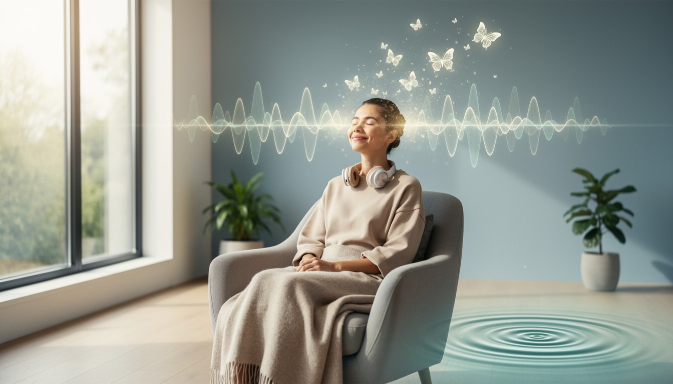 Femme assise les yeux fermés avec un casque audio, détendue, entourée d’ondes sonores apaisantes symbolisant la thérapie sonore et l’habituation des acouphènes.