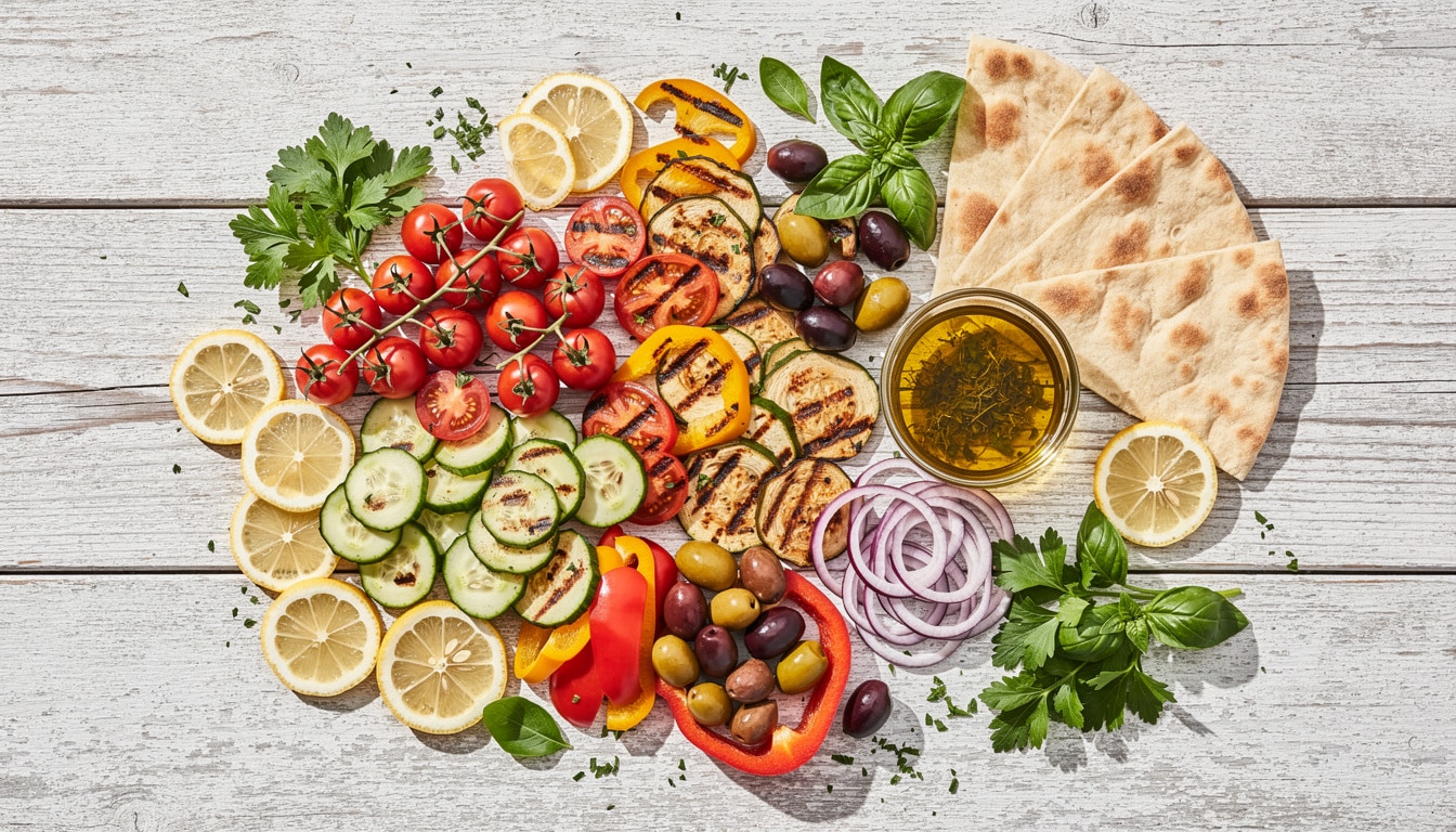 citron-alimentation-mediterraneenne-sante-coeur Assortiment de légumes grillés, citron, huile d’olive, olives et pain plat, représentant une alimentation méditerranéenne bénéfique pour la santé cardiovasculaire.