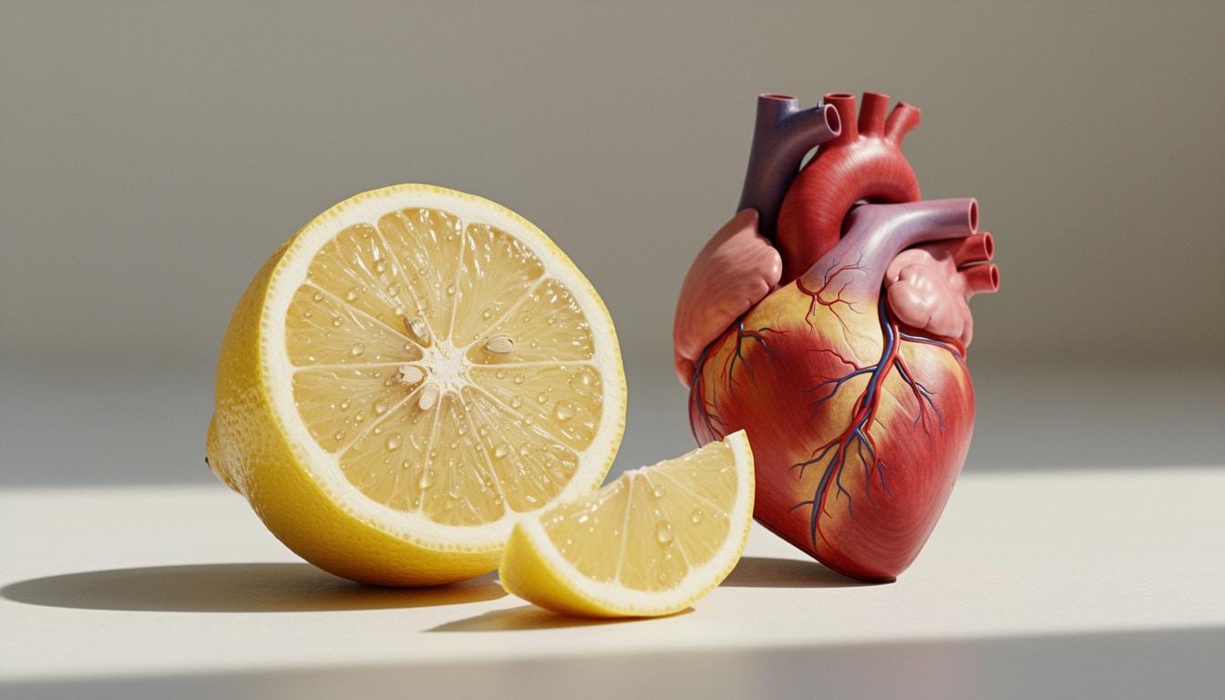 Demi-citron frais posé à côté d’un cœur humain anatomique illustré, symbolisant le lien entre citron et santé cardiovasculaire.
