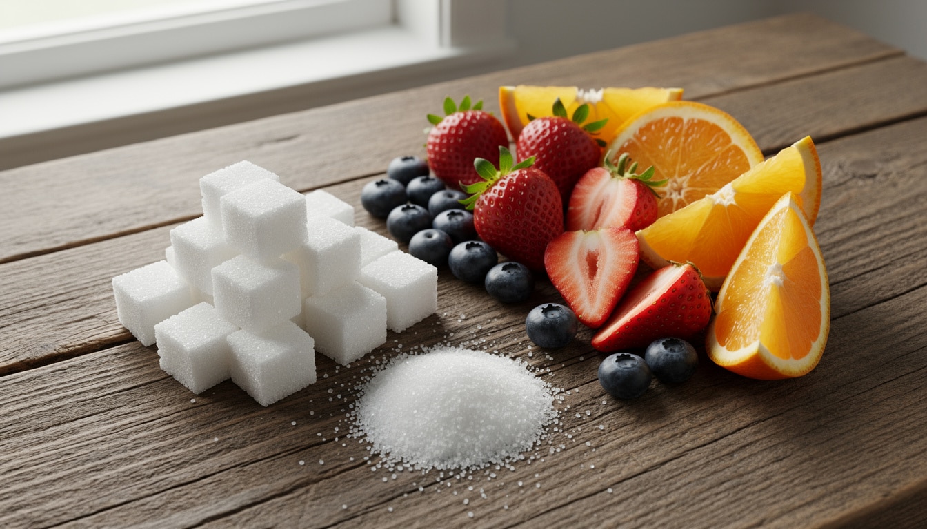 sucre-blanc-vs-fruits-comparaison-glycemie. Cubes de sucre blanc et sucre en poudre opposés à des fruits frais (fraises, myrtilles, oranges) sur une table en bois.