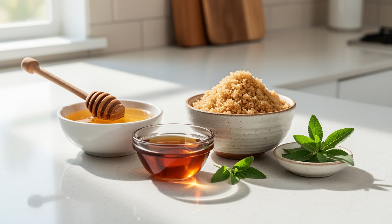 alternatives-naturelles-sucre-miel-sucre-coco-stevia. Miel, sucre de coco et stévia présentés comme alternatives naturelles au sucre blanc sur un plan de travail de cuisine.