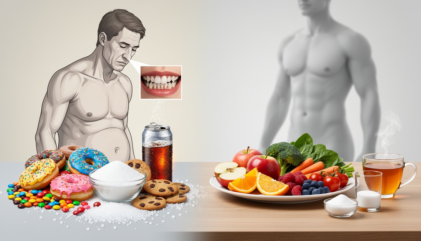Illustration comparant une alimentation riche en sucre (sodas, bonbons, pùtisseries) associée à une prise de poids et une alimentation équilibrée à base de fruits et légumes associée à une meilleure santé.