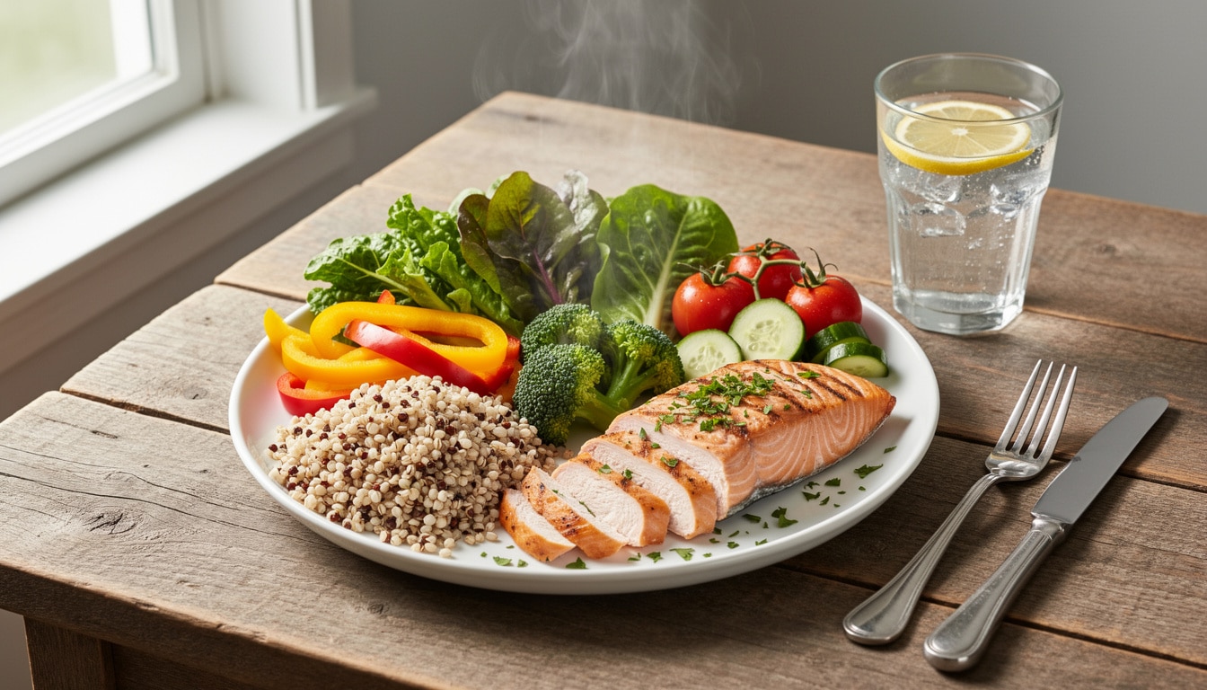 Assiette diabétique équilibrée avec saumon grillé, quinoa, légumes verts et crudités, accompagnée d’un verre d’eau citronnée.