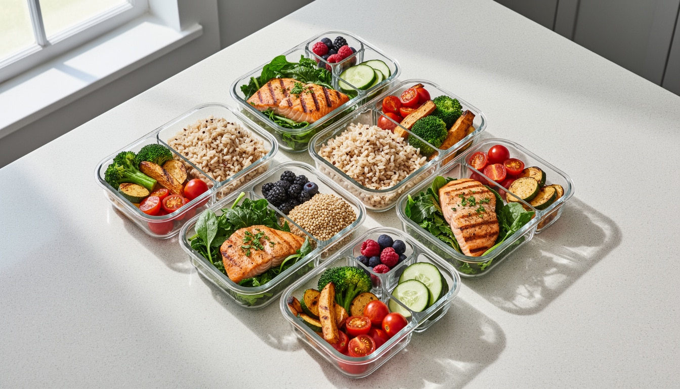 Batch cooking de repas équilibrés pour menu diabétique avec saumon grillé, céréales complètes, légumes et fruits frais répartis en portions.