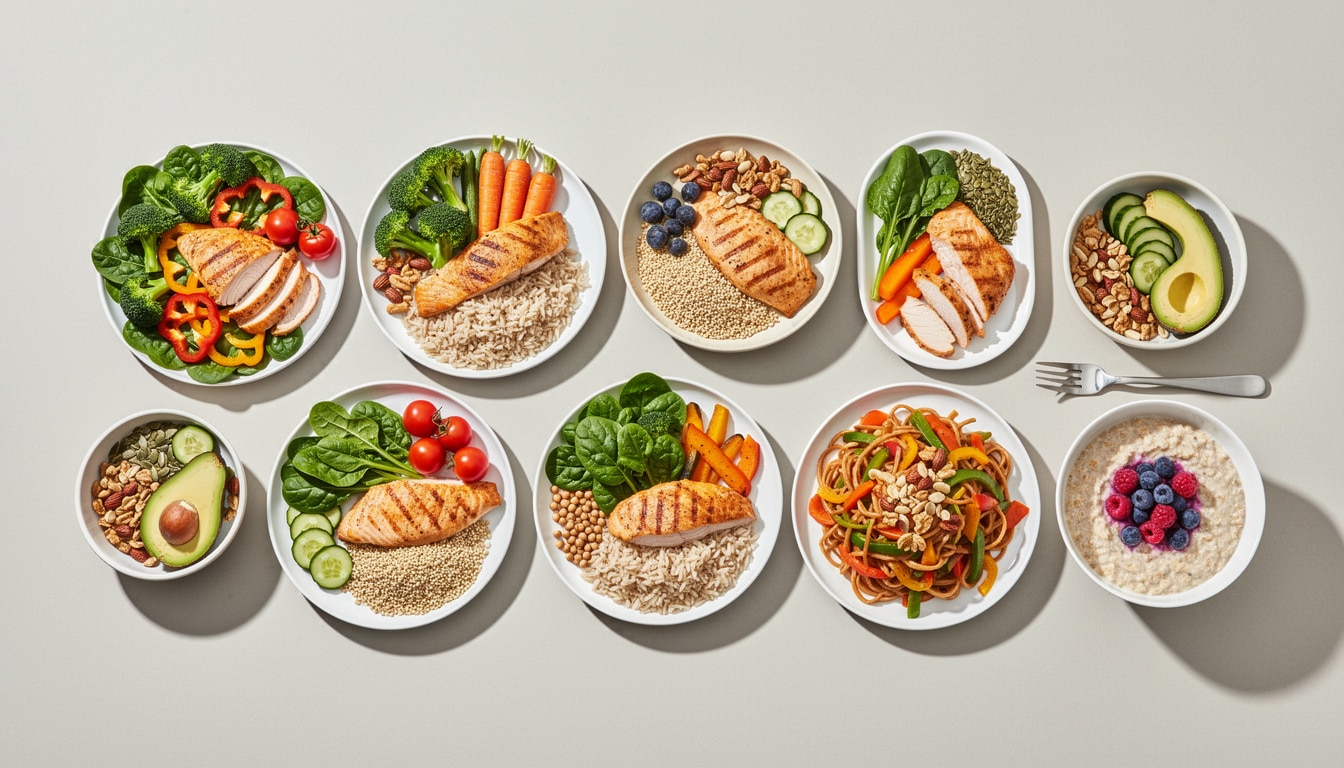 Exemples de repas équilibrés pour un menu diabétique sur une semaine avec protéines maigres, légumes, céréales complètes et fruits frais.