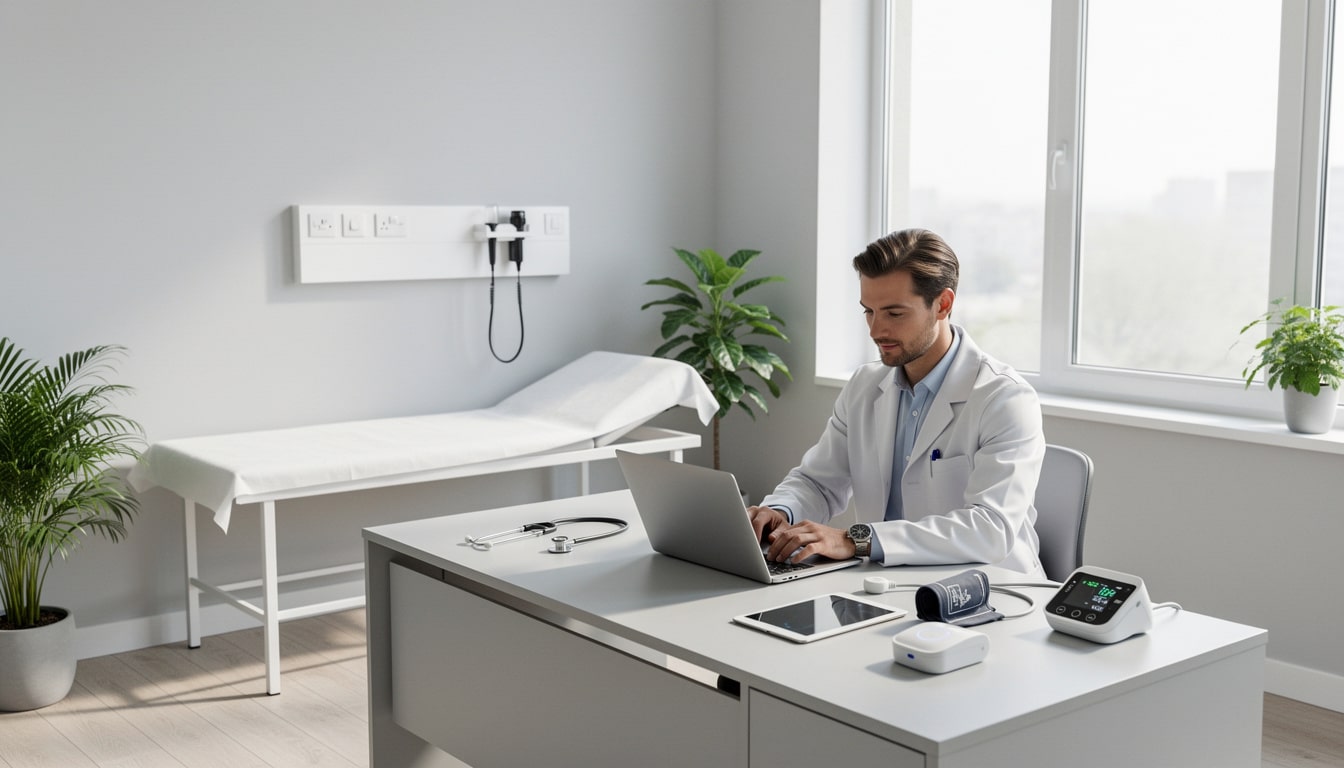Médecin généraliste travaillant sur un ordinateur portable dans un cabinet médical moderne et lumineux