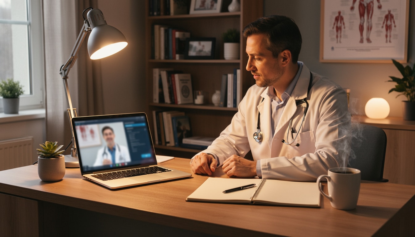 Médecin généraliste en téléconsultation travaillant sur ordinateur dans un cabinet médical chaleureux