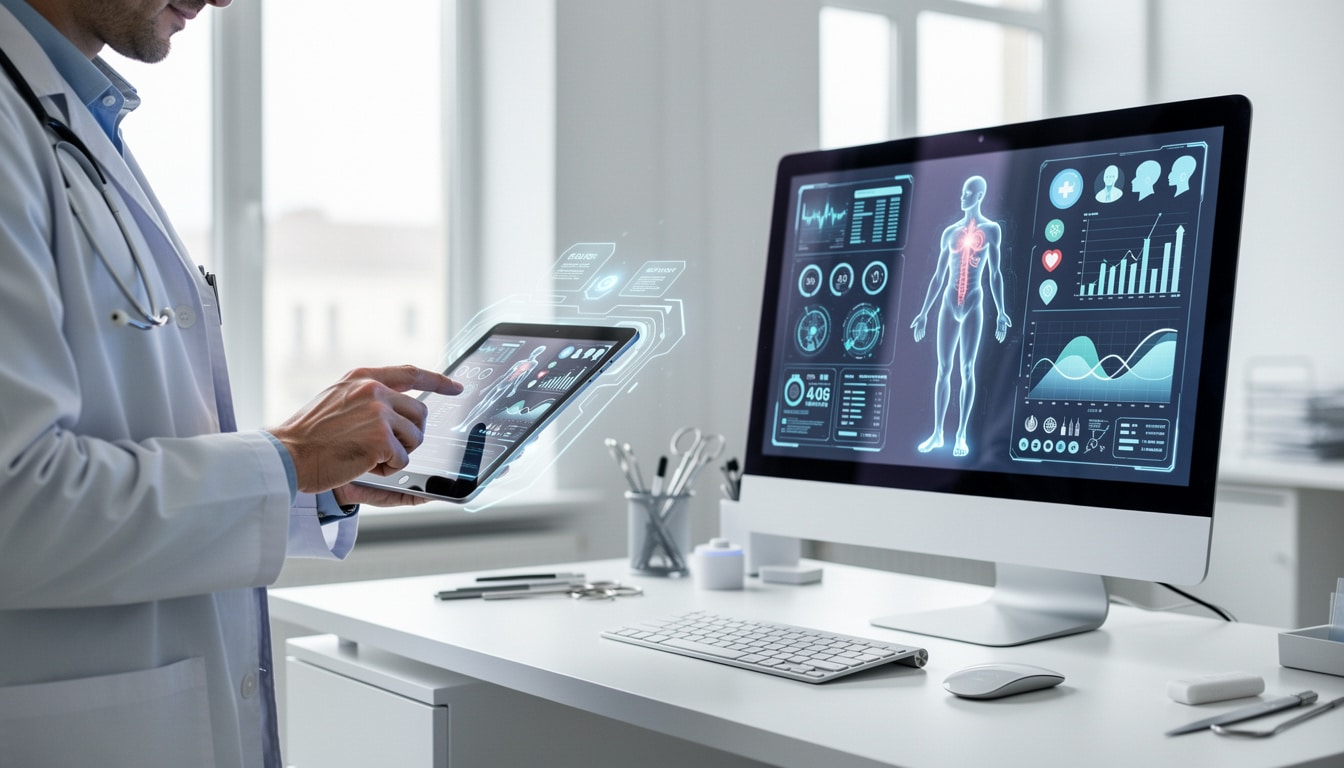Médecin utilisant une tablette synchronisée avec un écran affichant des données médicales numériques