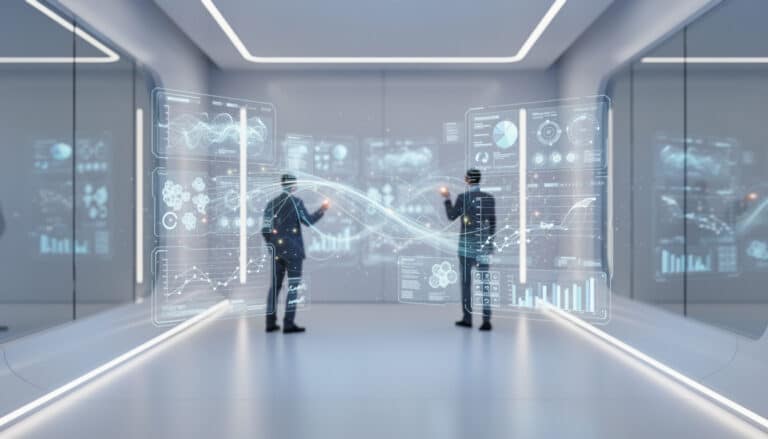 Deux professionnels interagissant avec des interfaces numériques holographiques dans un environnement médical futuriste