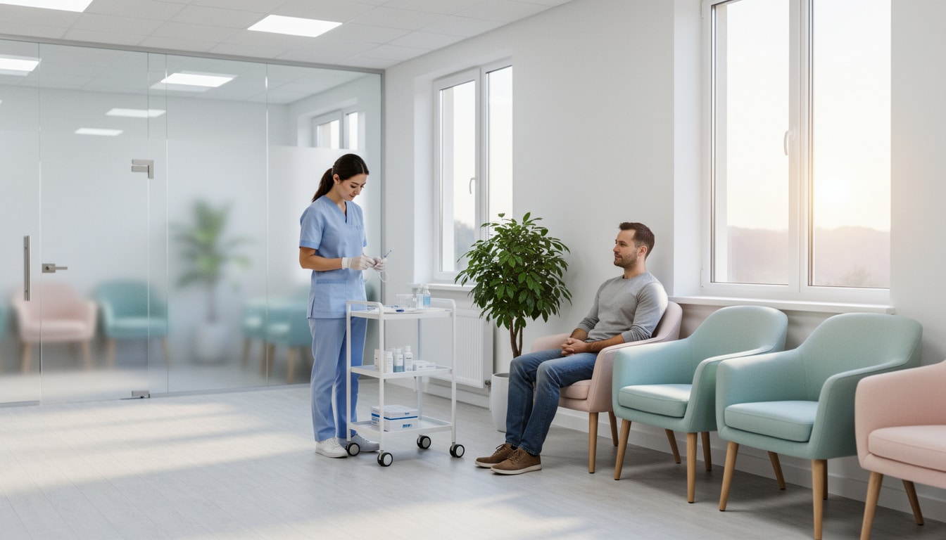 Patient assis en salle d’attente médicale pendant la préparation d’une prise de sang avant un examen scanner.