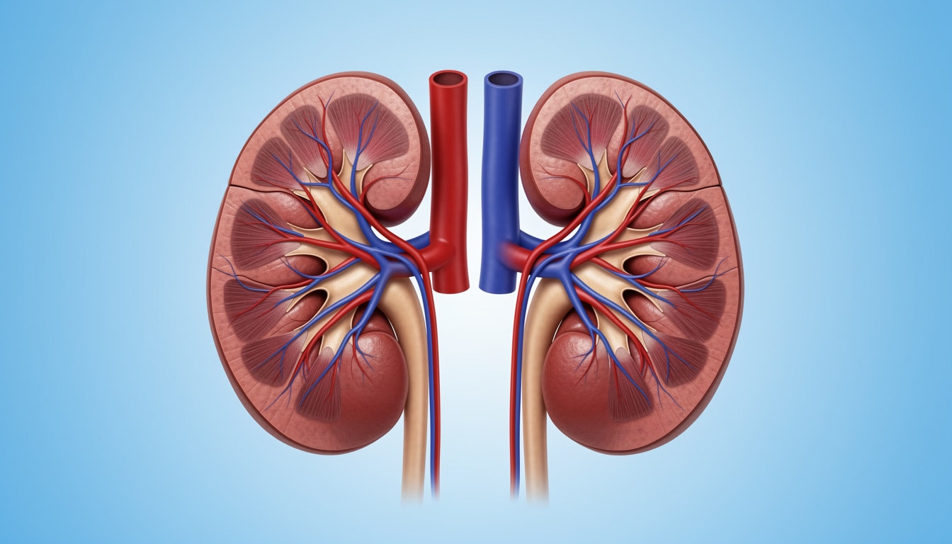 Schéma anatomique des reins humains montrant les structures internes impliquées dans la filtration et l’élimination de la créatinine.