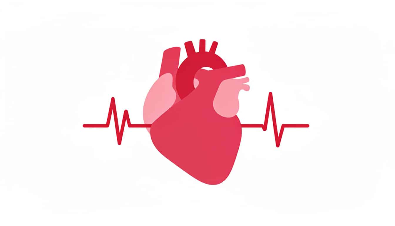 Illustration d’un cœur humain stylisé en rouge avec un tracé de fréquence cardiaque de type électrocardiogramme.